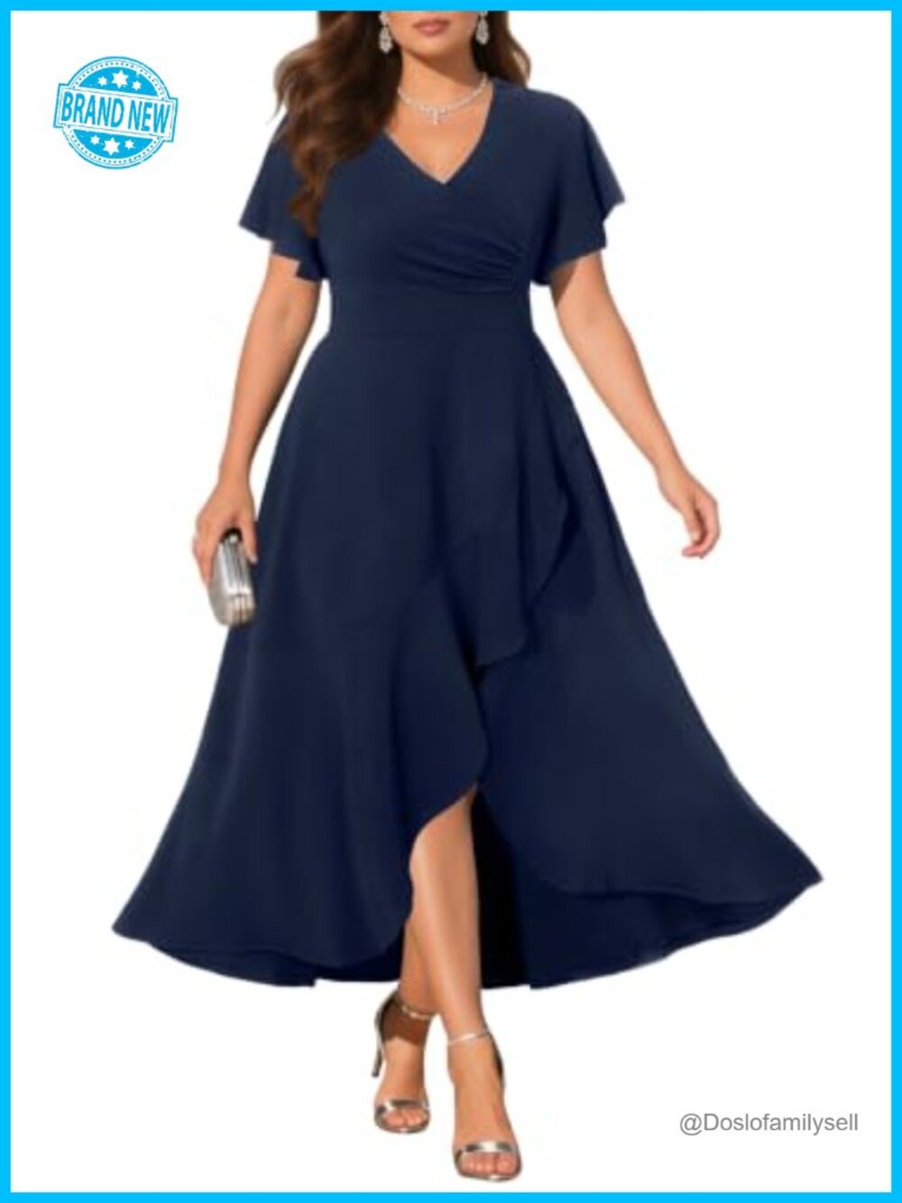 Plus Size Formal High Low Dress Ruffle Wrap V Neck Cocktail Wedding Guest